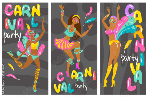 Three beautiful cheerful girls, dancers at a festival or carnival in bikini and feathers