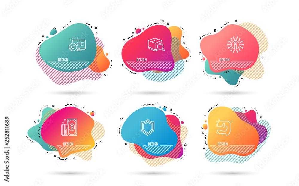 Dynamic liquid shapes. Set of Payment, Like and Security icons. Search package sign. Cash money, Thumb up, Protection shield. Tracking service. Gradient banners. Fluid abstract shapes. Vector Dynamic liquid shapes. Set of Payment, Like and Security icons. Search package sign. Cash money, Thumb up, Protection shield. Tracking service. Gradient banners. Fluid abstract shapes. Vector