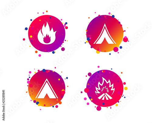 Tourist camping tent icons. Fire flame sign symbols. Gradient circle buttons with icons. Random dots design. Vector