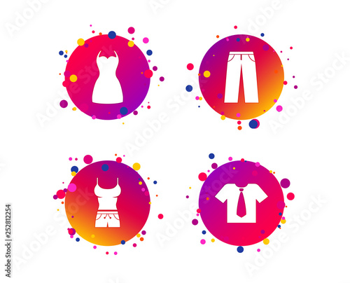 Clothes icons. T-shirt with business tie and pants signs. Women dress symbol. Gradient circle buttons with icons. Random dots design. Vector