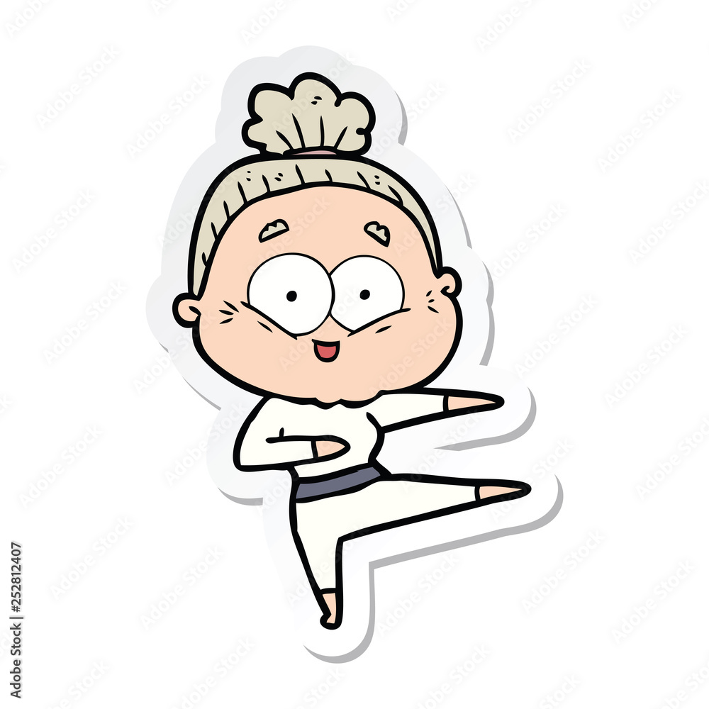 sticker of a cartoon happy old woman