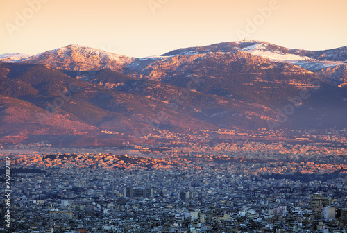 City and acropolis from Lycabettus hill in Athens at sunrise, Greece