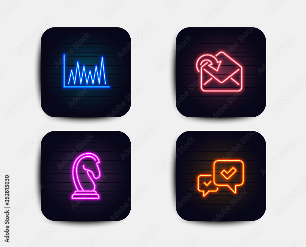 Neon glow lights. Set of Receive mail, Line graph and Marketing strategy icons. Approve sign. Incoming message, Market diagram, Chess knight. Accepted message. Neon icons. Glowing light banners Neon glow lights. Set of Receive mail, Line graph and Marketing strategy icons. Approve sign. Incoming message, Market diagram, Chess knight. Accepted message. Neon icons. Glowing light banners