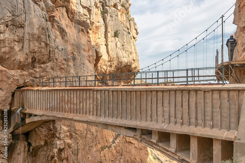 Bridge in gorge of the Gaitanes in el Caminito del Rey (The King's Little Path). A walkway, pinned along the steep walls of a narrow gorge in El Chorro, near Ardales in the province of Málaga, Spain