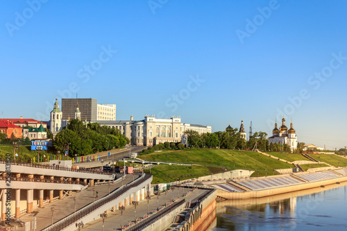 Morning view of Siberian Russian city of Tyumen in the summer. Holy Trinity Monastery in the back.