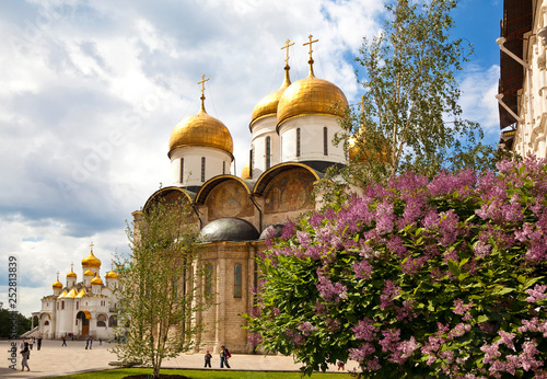 View of the Cathedral square of the Moscow Kremlin with the assumption and Annunciation cathedrals in spring day, Moscow, Russia