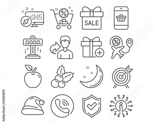 Set of Flight sale, Attraction and Christmas holly icons. Smartphone buying, Santa hat and Shopping cart signs. Archery, Add gift and Sale offer symbols. Travel discount, Free fall, Ilex aquifolium