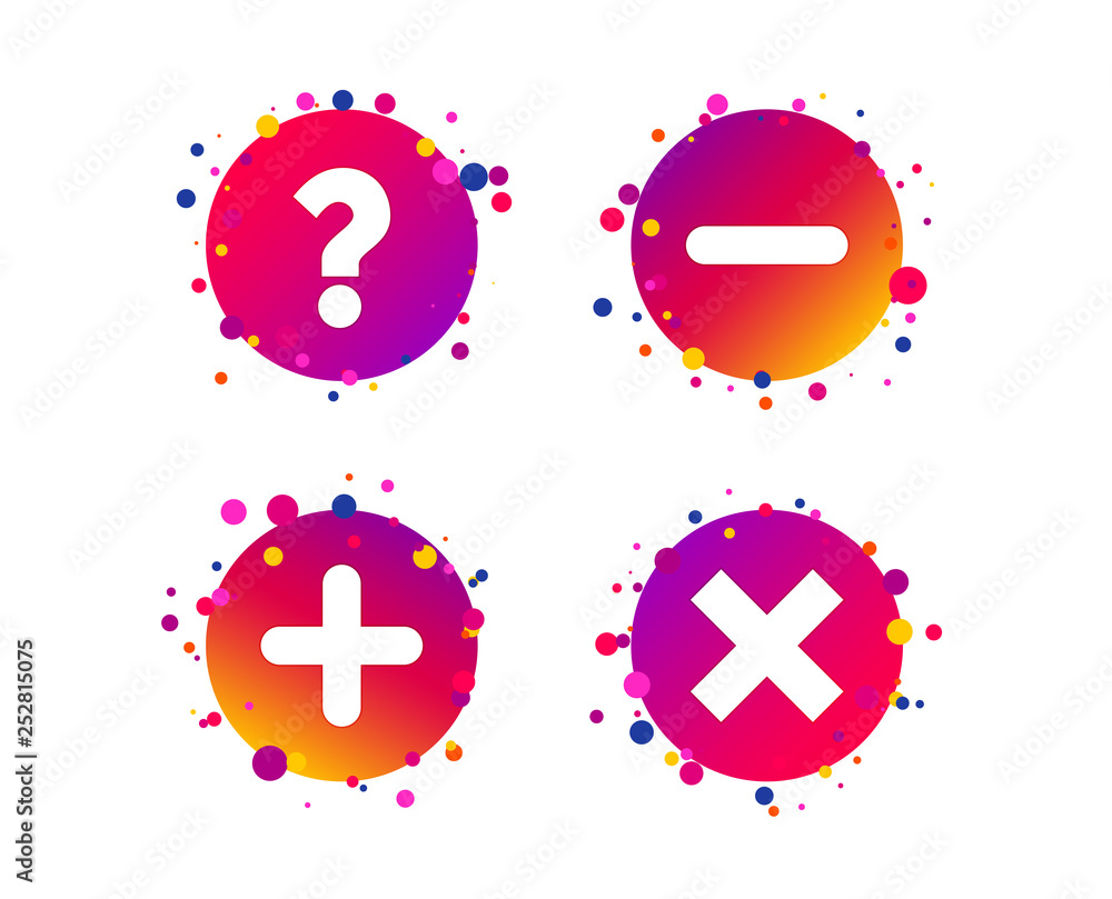 Plus and minus icons. Delete and question FAQ mark signs. Enlarge zoom ...