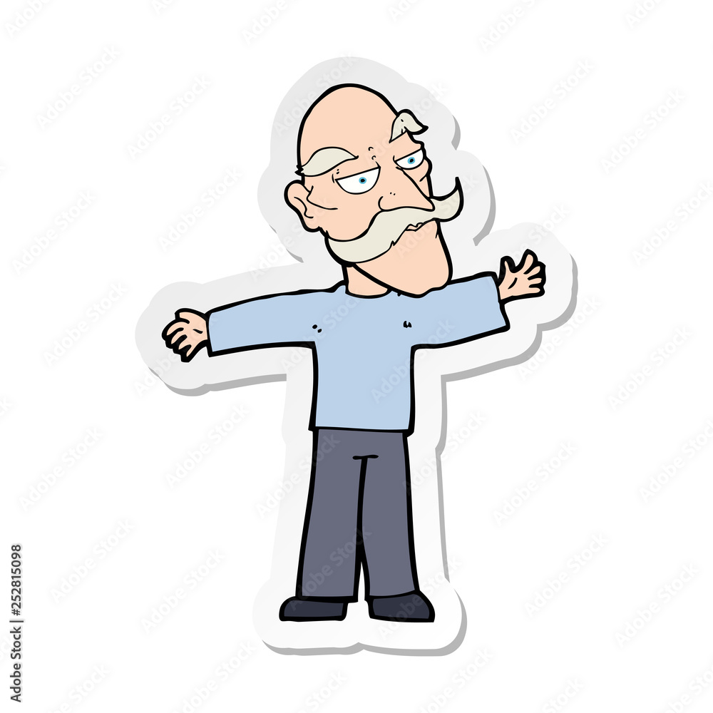 sticker of a cartoon old man spreading arms wide sticker of a cartoon old man spreading arms wide