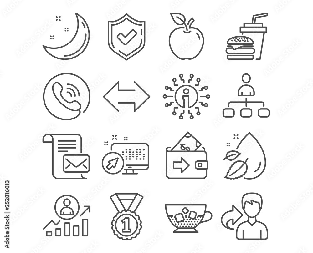 Set of Hamburger, Best rank and Career ladder icons. Wallet, Management and Water drop signs. Cold coffee, Mail letter and Sync symbols. Burger with drink, Success medal, Manager results. Vector