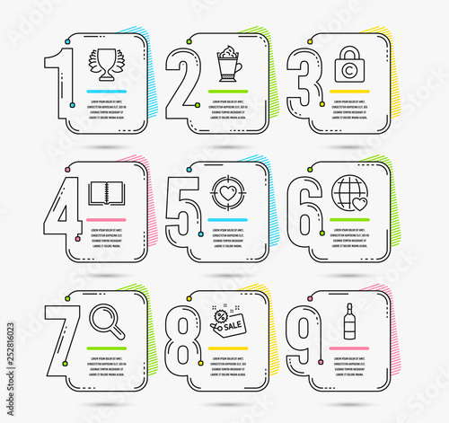 Infographic template with numbers 9 options. Set of International love, Latte coffee and Sale icons. Book, Valentine target and Winner signs. Research, Copyright locker and Brandy bottle symbols