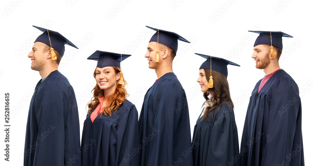 education, graduation and people concept - group of happy graduate students in mortar boards and bachelor gowns over white background education, graduation and people concept - group of happy graduate students in mortar boards and bachelor gowns over white background