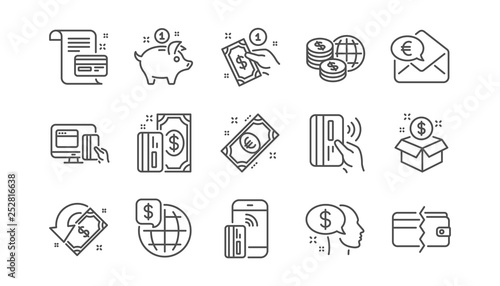 Money payment line icons. Bank transfer, Piggy bank and Credit card. Cash linear icon set.  Vector