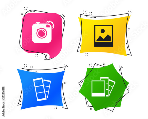 Hipster photo camera icon. Flash light symbol. Photo booth strips sign. Landscape photo frame. Geometric colorful tags. Banners with flat icons. Trendy design. Vector