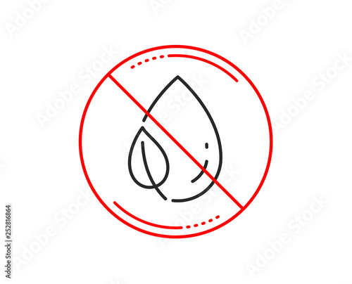 No or stop sign. Mint leaf with water drop line icon. Nature plant dew sign. Environmental care symbol. Caution prohibited ban stop symbol. No  icon design.  Vector