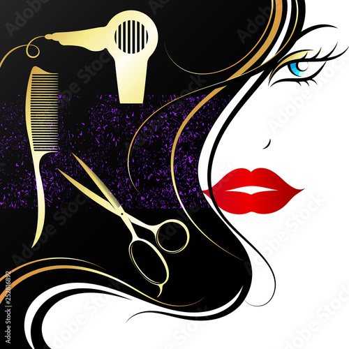 Face of a beautiful girl with golden curls. Scissors, comb and hairdryer for beauty salon and hairdresser