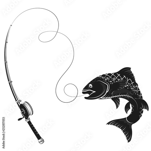 Leinwand Poster Fish on the line and rod silhouette