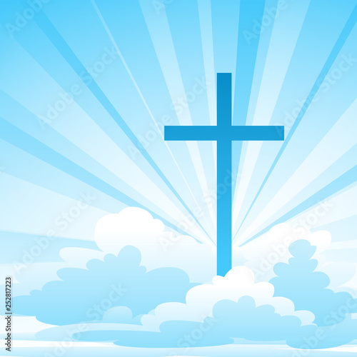 Easter illustration. Greeting card with cross and clouds.