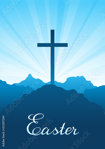 Easter illustration. Greeting card with cross and sky.