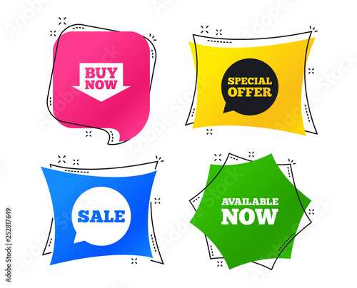 Sale icons. Special offer speech bubbles symbols. Buy now arrow shopping signs. Available now. Geometric colorful tags. Banners with flat icons. Trendy design. Vector