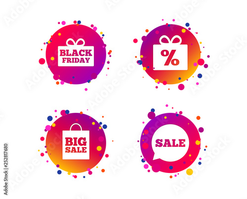 Sale speech bubble icon. Black friday gift box symbol. Big sale shopping bag. Discount percent sign. Gradient circle buttons with icons. Random dots design. Vector
