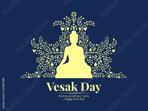 Vesak day banner with yellow buddha sit and abstract Vine pattern on dark blue background vector design