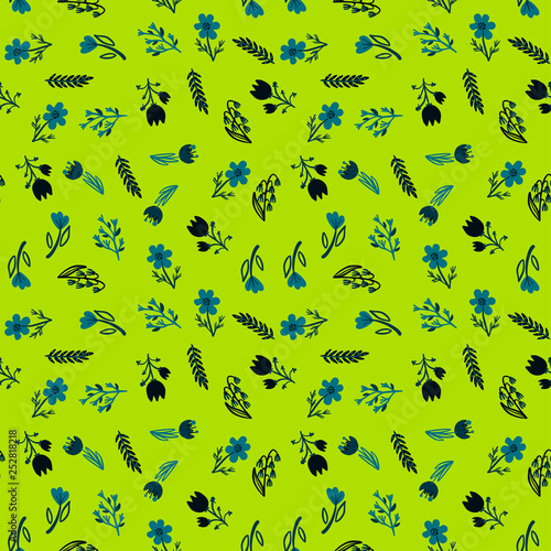 Hand Drawn pattern with summer flowers and herbs vintage Hohloma floral elements. Blue Yellow on white