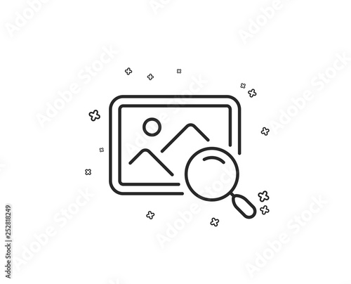 Search photo line icon. Find image or picture sign. Geometric shapes. Random cross elements. Linear Search photo icon design. Vector