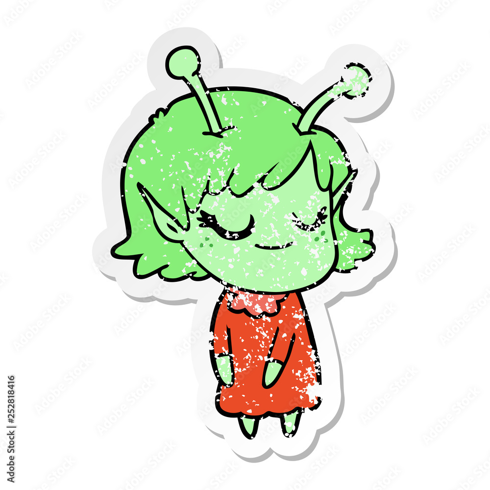 distressed sticker of a smiling alien girl cartoon distressed sticker of a smiling alien girl cartoon