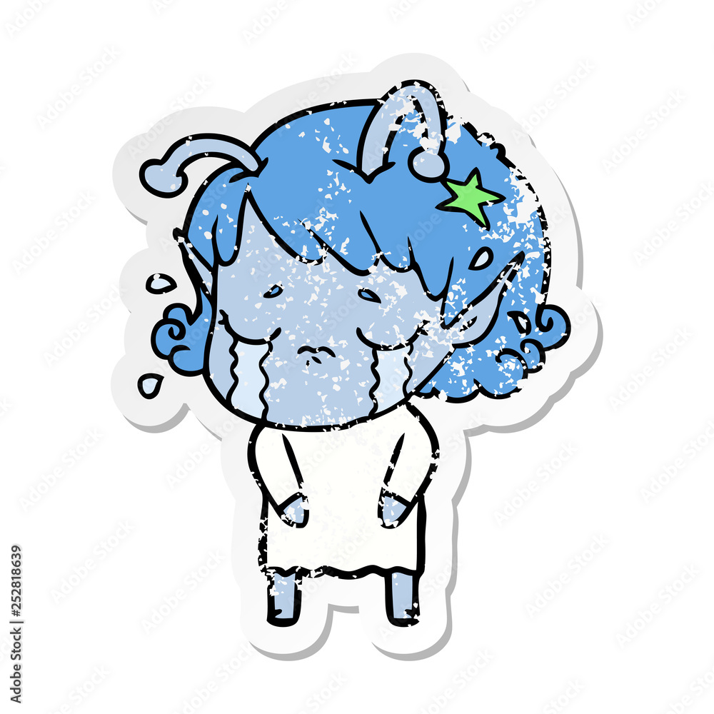 distressed sticker of a cartoon crying alien girl distressed sticker of a cartoon crying alien girl