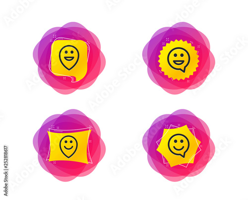 Happy face speech bubble icons. Smile sign. Map pointer symbols. Geometric gradient sales shapes. Creative banners. Template for design. Vector