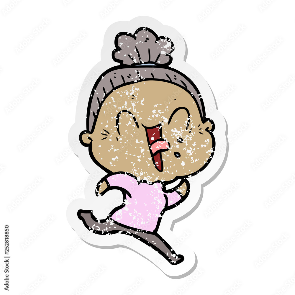 distressed sticker of a cartoon happy old woman distressed sticker of a cartoon happy old woman