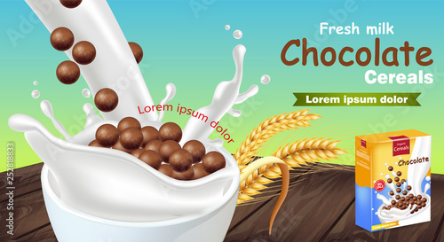 Fresh Chocolate cereals in milk splash Vector realistic mock up. Product placement label design. 3d detailed illustrations