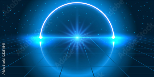 Cosmic background with fantastic hyperspace, neon arch and space portal into another dimension.Virtual reality fantastic landscape.