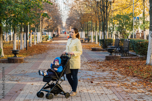 A woman with a child in a stroller walks through the park on a sunny day.