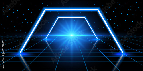 Cosmic background with fantastic hyperspace, neon arch and space portal into another dimension.Virtual reality fantastic landscape.