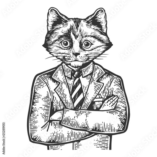 Kitten head businessman sketch engraving vector illustration. Scratch board style imitation. Black and white hand drawn image.