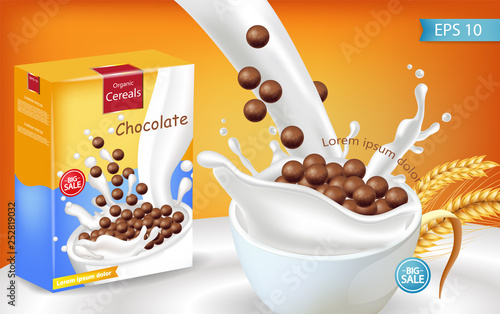 Organic Chocolate cereals milk splash Vector realistic mock up. Product placement label design. 3d detailed illustrations