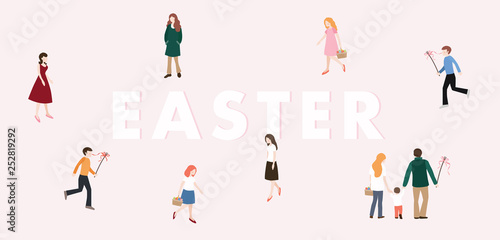 Modern Easter web banner. Boys with whip chasing the girls with colorful Easter eggs. Family, people walking. European Czech and Slovak tradition. Spring concept. Flat design, vector illustration. © tabitazn