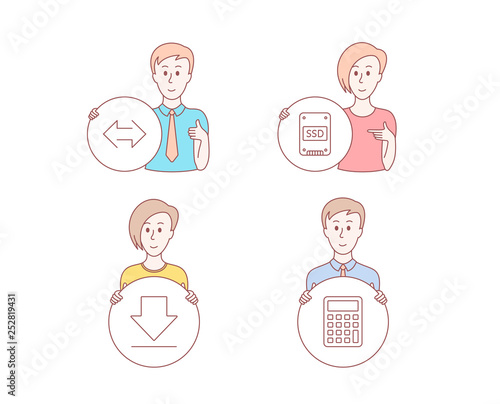 People hand drawn style. Set of Sync, Downloading and Ssd icons. Calculator sign. Synchronize, Load information, Solid-state drive. Accounting device.  Character hold circle button. Man with like hand