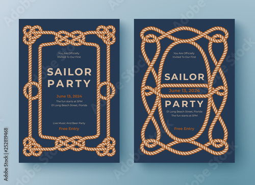 Two nautical templates. Rope frame border. Graphic design element for greeting card, poster, flyer, banner, invitation etc