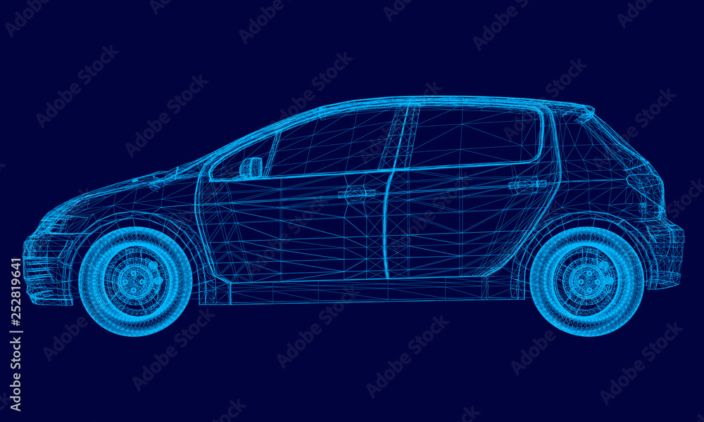 Polygonal machine of blue lines on a dark background. Car wireframe. Side view. 3D. Vector illustration Polygonal machine of blue lines on a dark background. Car wireframe. Side view. 3D. Vector illustration