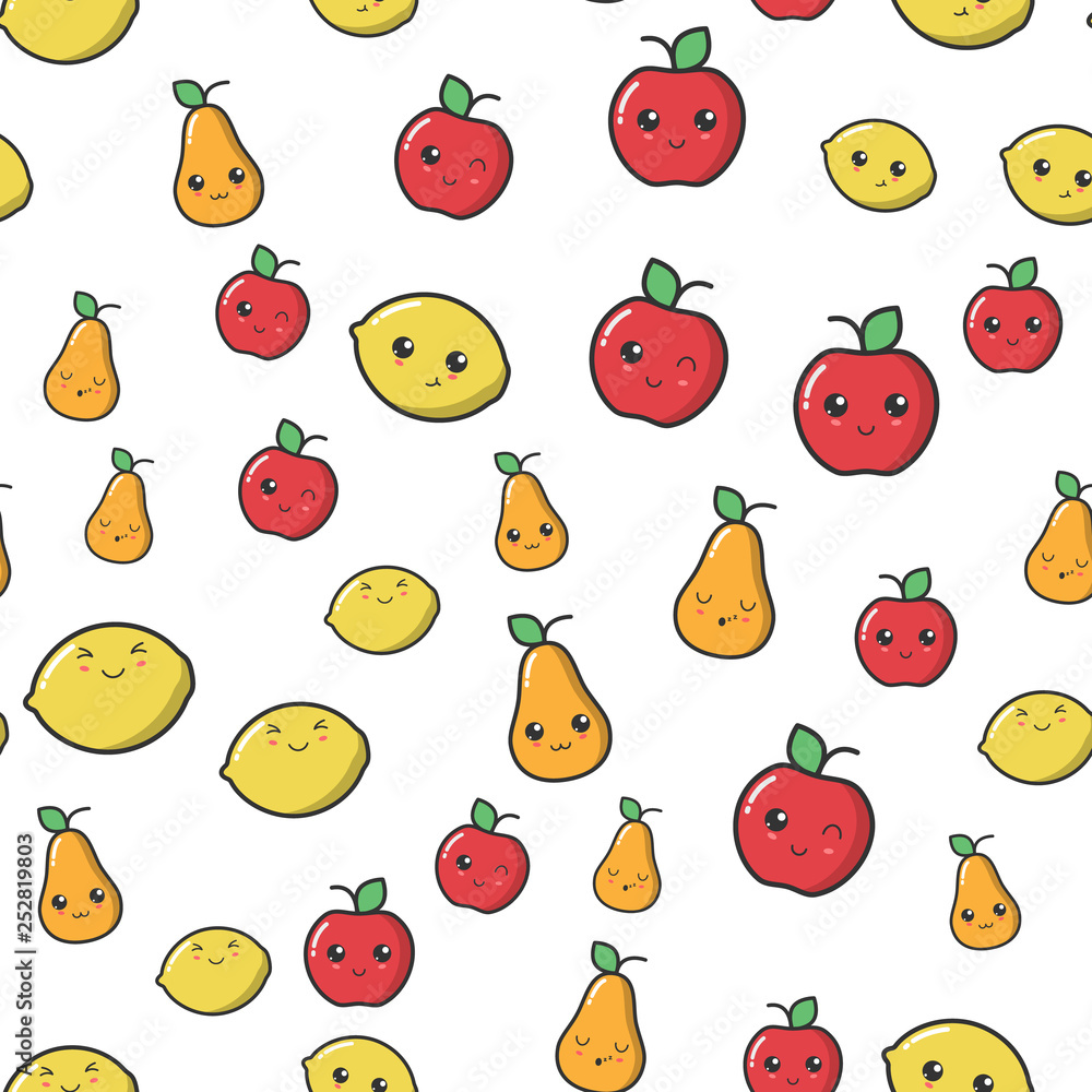kawaii apple, pear and lemon with cute black eyes seamless pattern. kawaii fruit with emotional faces seamless pattern kawaii apple, pear and lemon with cute black eyes seamless pattern. kawaii fruit with emotional faces seamless pattern