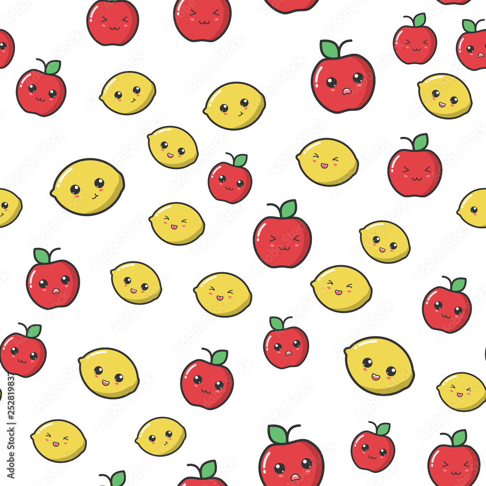 kawaii apple and lemon with cute black eyes seamless pattern. kawaii fruit with emotional faces seamless pattern kawaii apple and lemon with cute black eyes seamless pattern. kawaii fruit with emotional faces seamless pattern