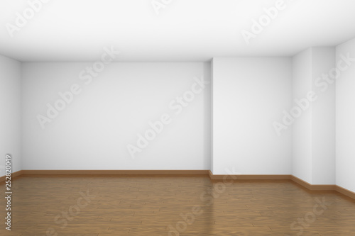 Empty white room with brown wood parquet floor