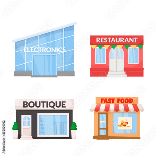 Market, storefront. Boutique, restaurant, fast food, electronic store building facade. Vector.