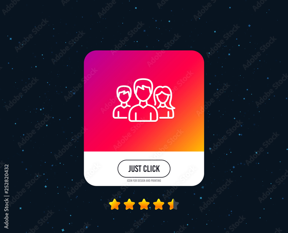 Group line icon. Users or Teamwork sign. Male and Female Person silhouette symbol. Web or internet line icon design. Rating stars. Just click button. Vector Group line icon. Users or Teamwork sign. Male and Female Person silhouette symbol. Web or internet line icon design. Rating stars. Just click button. Vector