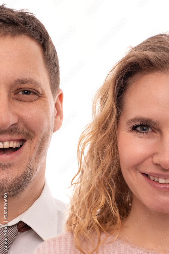 Studio close up portrait of two halves of a positive smiling man and woman, isolate. Family, husband and wife, who have lived together for many years, become similar to each other. Studio close up portrait of two halves of a positive smiling man and woman, isolate. Family, husband and wife, who have lived together for many years, become similar to each other.