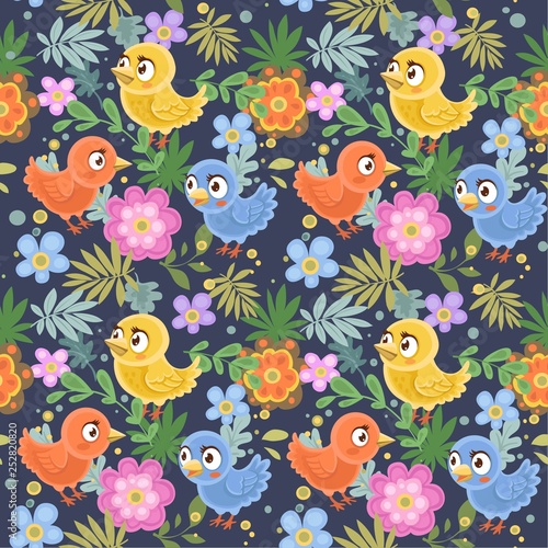 Seamless decorative ornament of birds and flowers on a dark blue background © Azuzl