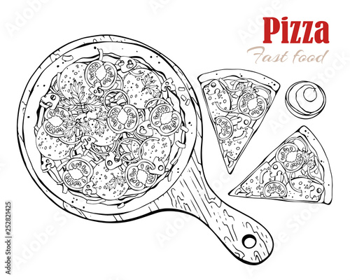Vector illustrations on the fast food theme: pizza on a board. Isolated objects for your design. Each object can be changed and moved.